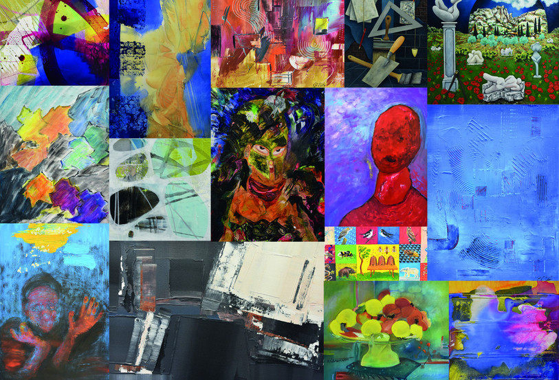 Mathieu Chaignat a choisi un patchwork représentant les œuvres des artistes qui ont exposé leur travail lors de la dernière biennale organisée au CIP à Tramelan en 2017. (Photo : Société des peintres et sculpteurs jurassiens)