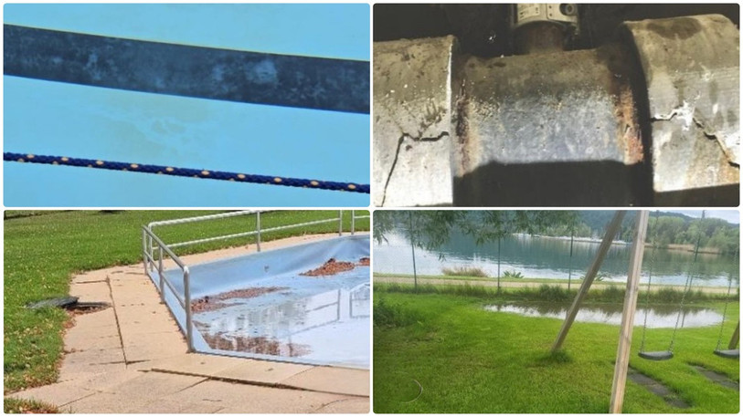Des signes d'usure et de dégradation sont visibles dans la piscine et à proximité. (Photos : Commune du Landeron).