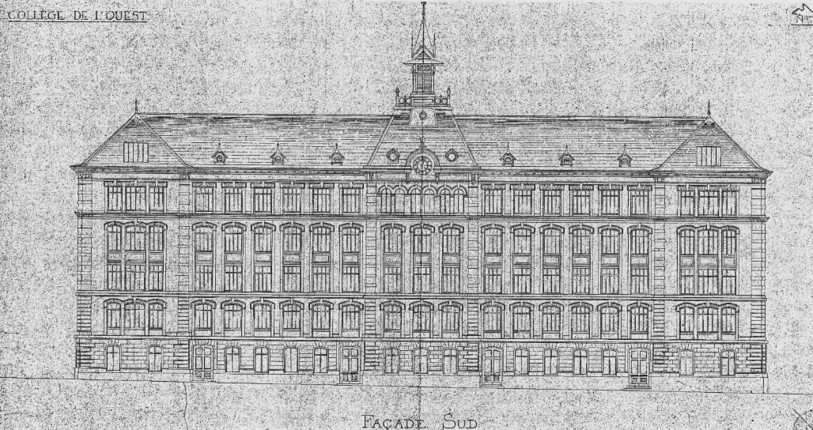 Le collège de l'Ouest tel qu'il était lors de sa construction dans les années 1899-1900. (Dessin de 1935, source : rapport du Conseil communal)