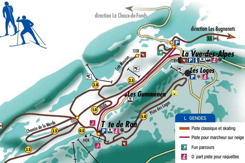 Si le parc voit le jour, le Chemin de la Merde et la piste de Crêt Meuron ne pourront plus être tracés. Carte: Romandie ski de fond.