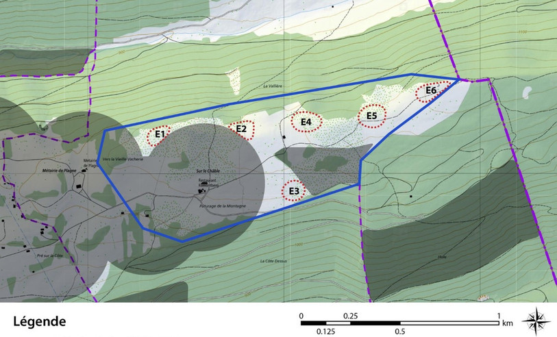 Le projet actuel à la Montagne de Romont prévoit six turbines aux emplacements entourés en rouge sur l'illustration. La position des éoliennes n'est pas définitive. (Photo: Plan directeur parcs éoliens - révision 17-18)