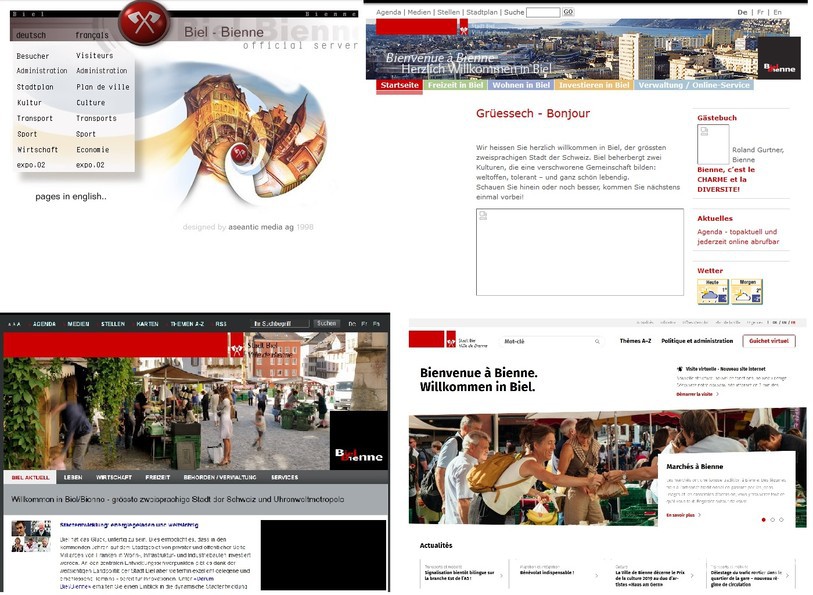 Captures du site internet de la ville de Bienne au fil du temps. En haut à gauche en 1998, à droite 2005, en bas à gauche 2017 et à droite 2019.