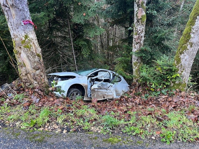 Le véhicule a terminé sa course contre un arbre dans le talus. (Photo : police cantonale jurassienne)