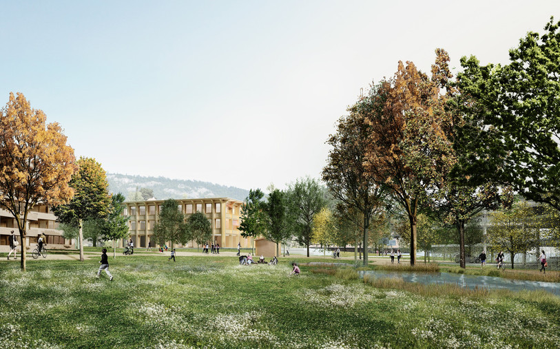 Le permis de construire pour la nouvelle école des Arquebusiers et le plan spécial du quartier ont été officiellement publiés ce mercredi par la ville de Delémont. (Illustration : Stähelin Partner Architectes SA)