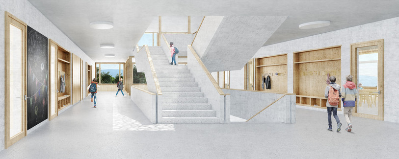 L'intérieur du bâtiment scolaire. © 2019 — Stähelin Partner Architectes SA