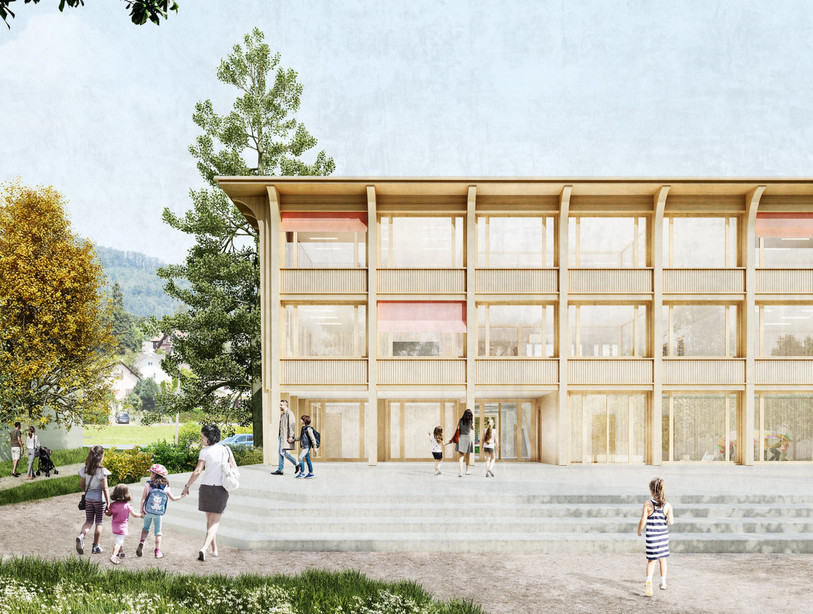Une école principalement construite en bois doit sortir de terre aux Arquebusiers. (Illustration : Stähelin Partner Architectes SA).