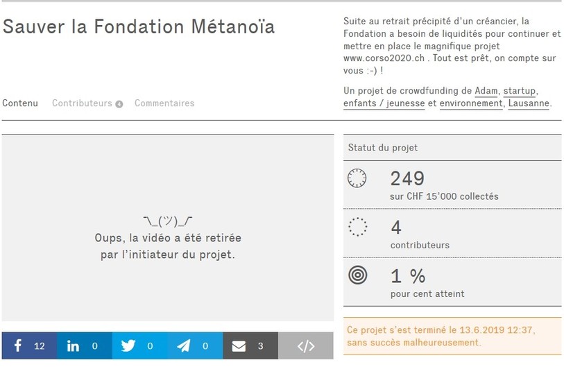 Un projet de financement participatif sur la plateforme Wemakeit n'avait pas abouti en 2019.