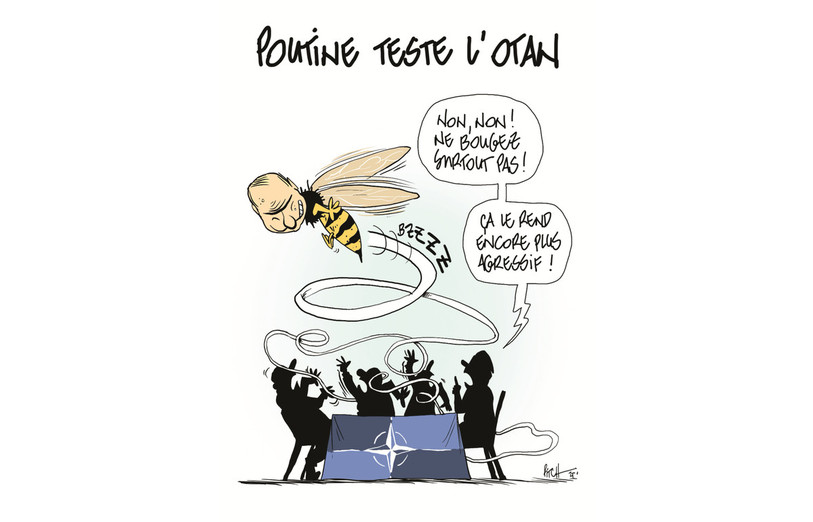 Pitch Comment a remporté le premier prix du Swiss Cartoon Award avec son dessin « Poutine teste l’OTAN ». (Image : Pitch Comment).