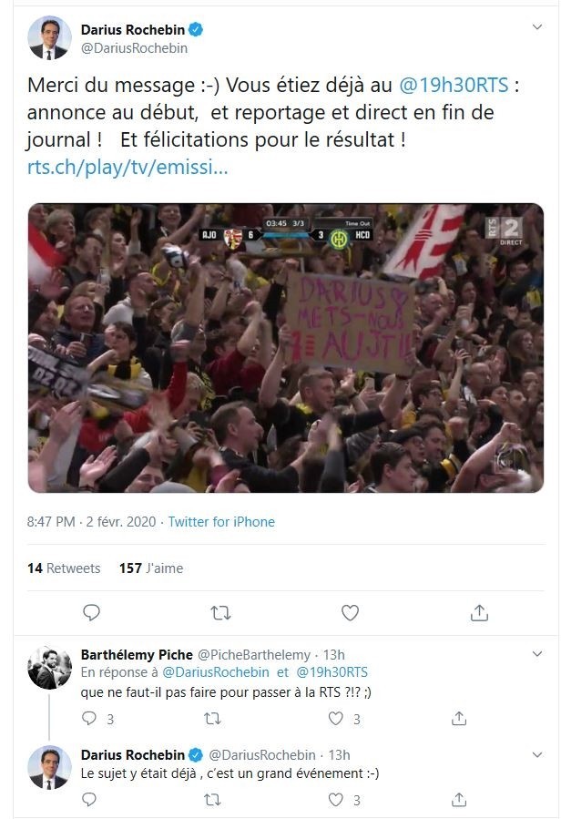 La réponse de Darius Rochebin après la victoire du HCA.