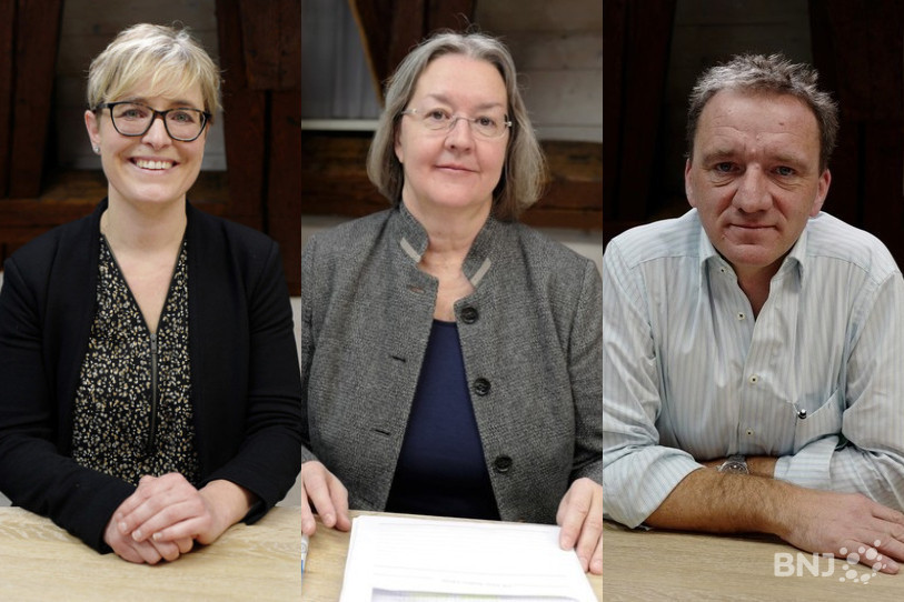 De gauche à droite : Rosalie Beuret Siess (PS), Anne Seydoux-Christe (PDC) et Romain Schaer (UDC) sont en lice pour l'élection complémentaire au Gouvernement jurassien.