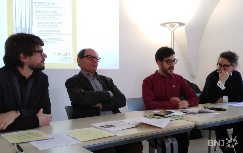 De gauche à droite, le responsable Bellelay Musiques Julien Annoni, le président du conseil de Fondation Pierre-Yves Moeschler, le programmateur orgues Antonio Garcia ainsi que la curatrice pour les Arts visuels Marina Porobic.