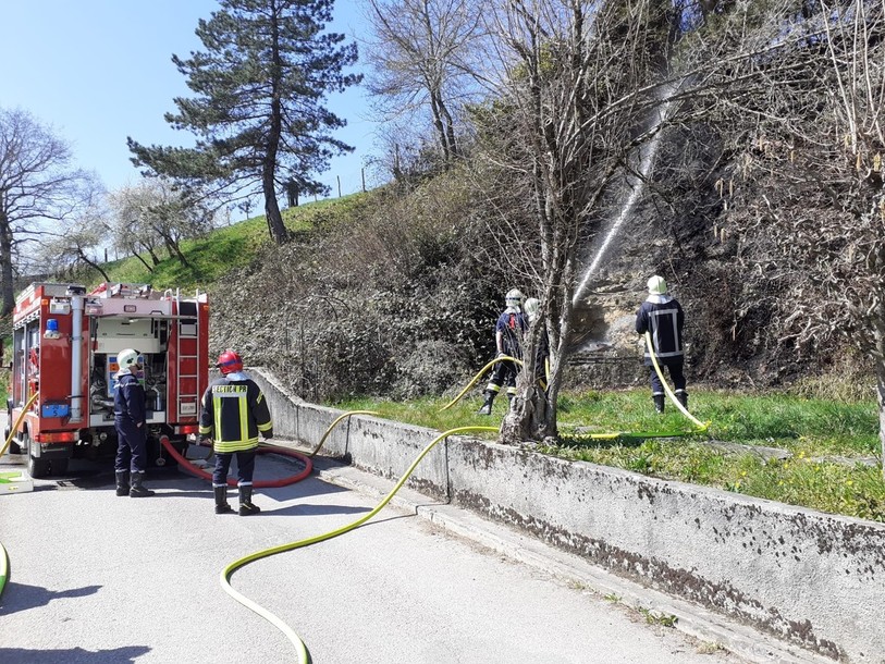 Onze hommes du SIS Basse-Allaine ont été mobilisés dimanche après-midi pour éteindre un feu de broussaille à Mormont. (Photo : SIS Basse-Allaine)