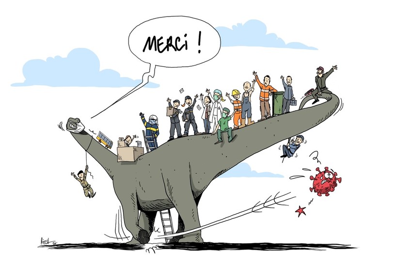L'action Tous solidaires 2020 veut venir en aide aux personnes touchées par la pandémie de coronavirus en reversant des fonds récoltés suite à la vente de t-shirts. (Illustration : Pitch Comment)