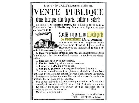 L'annonce qui précise la vente publique. (Le Jura, Volume 45, Numéro 47, 11 juin 1895)