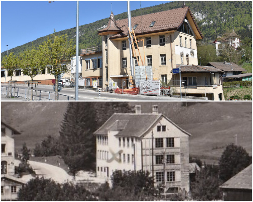 Le bâtiment industriel actuellement en rénovation à Pontenet. En haut aujourd'hui, en bas vers 1948. (Photo du bas: détail d'une carte postale fournie par Christophe Gerber)