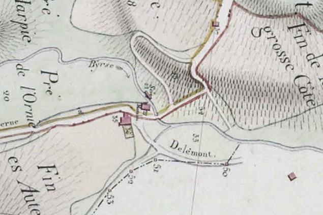 Le canal est également visible sur ce plan datant de 1828. (Détail d'un plan détenu par les archives d'Etat du canton de Berne, cote : AA IV Moutier 15)