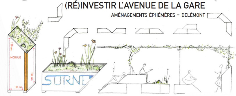 Schéma du mobilier éphémère, qui pourrait être installé à l'avenue de la Gare à Delémont (photo : Municipalité de Delémont)