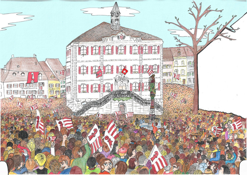 Sur cette image, le lecteur doit trouver le drapeau intrus qui s'est glissé parmi les étendards jurassiens. (Image: « Le Jura aux 100 détails » de Wanda Brahier)