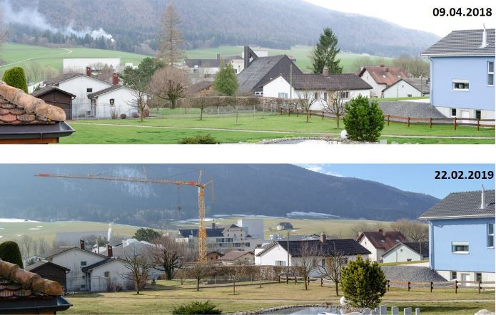 Les photographies sont prises à des endroits fixes au fil du temps de manière à suivre l'évolution des paysages du parc. Ici deux clichés à Courtelary avec le démontage de l'église catholique. (Photo: Parc Chasseral - Denis Perrin)