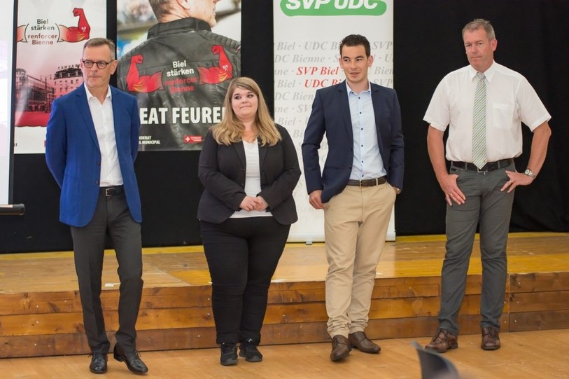 Les quatre candidats (de gauche à droite) : Beat Feurer, Sandra Schneider, Joël Zumstein et Patrick Widmer. (Photo : UDC Bienne)