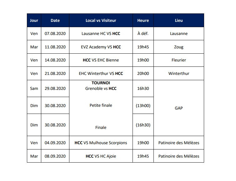 Le calendrier des matches amicaux du HCC. (Photo : HCC).