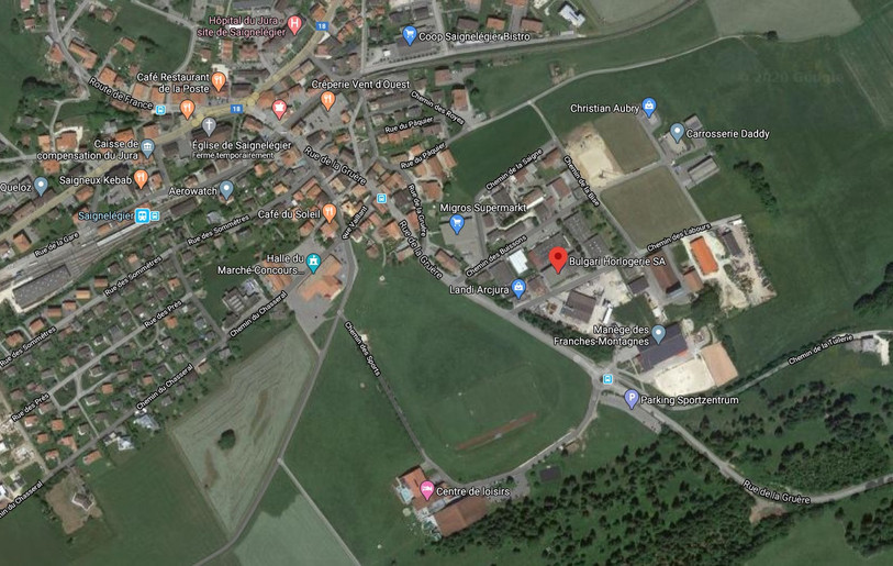 Une fuite d'hydrocarbures dans les locaux de Bulgari à Saignelégier a mobilisé la police et les pompiers mardi matin. (Photo : CNES 2020 / Airbus, Maxar Technologies / Google Maps).