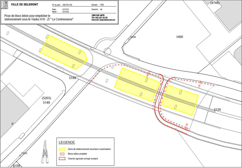 La commune va installer des blocs de béton pour empêcher le parking illégal sous le viaduc. (document : commune de Delémont)