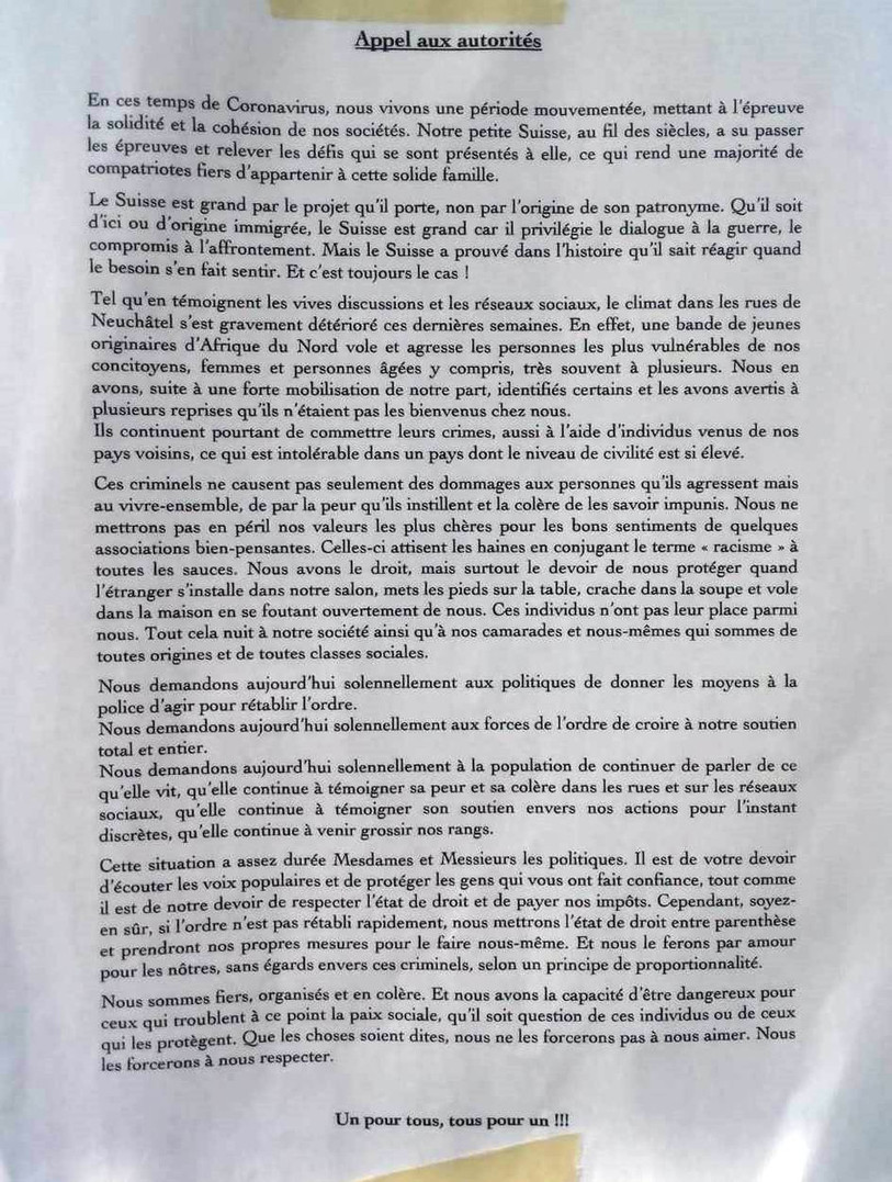 Le texte demande aux autorités d'agir sans quoi ses auteurs feront fi de l'état de droit.