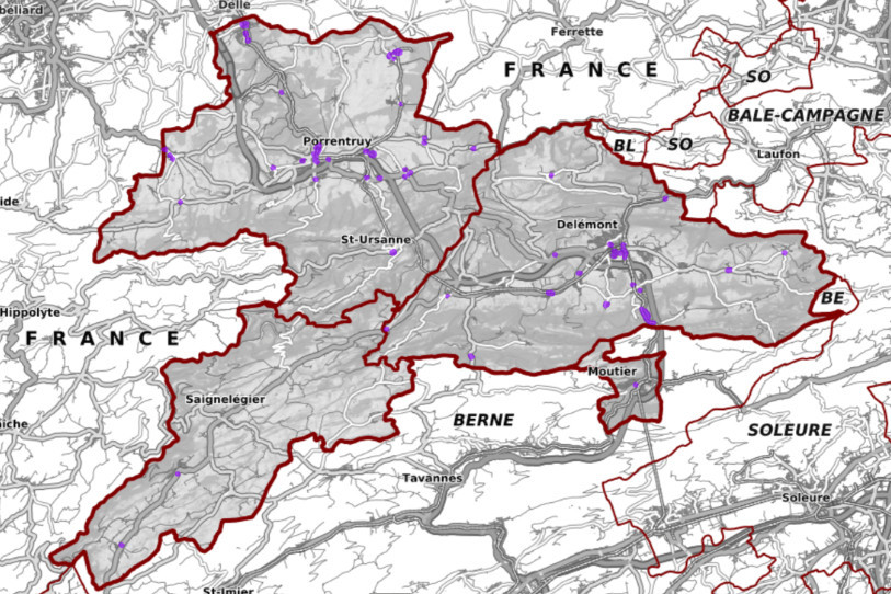 L'inventaire des friches industrielles jurassiennes peut être consulté sur le Géoportail cantonal (Photo : Géoportail canton du Jura.)