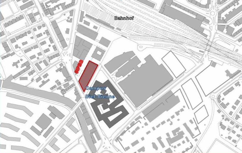Les locaux loués se trouvent à proximité direct du Campus Bienne au sein du Switzerland Innovation Park (en rouge). (Photo: Canton de Berne)