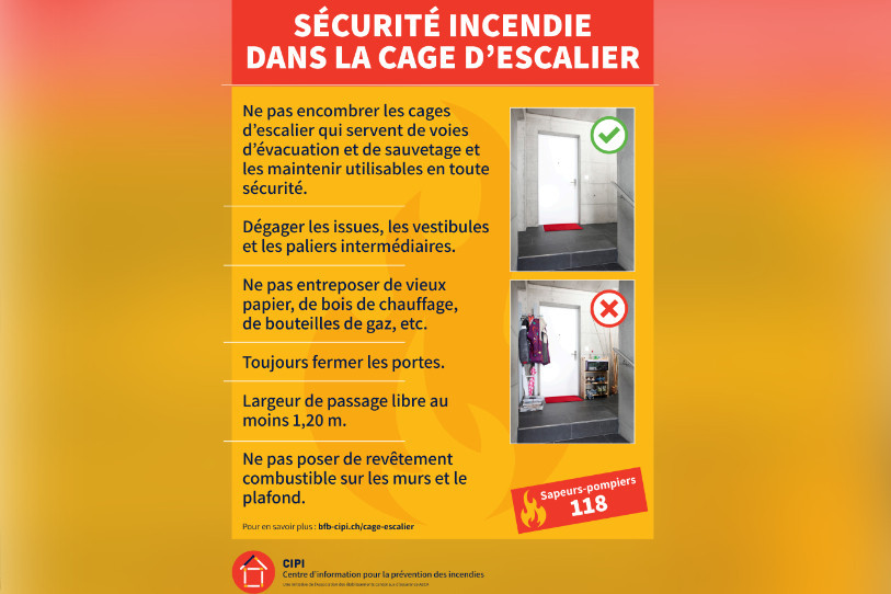 Voici l'affiche qui est apparue dans certains immeubles neuchâtelois en matière de sécurité incendie dans la cage d'escalier. (Affiche : Centre d'information pour la prévention des incendies)