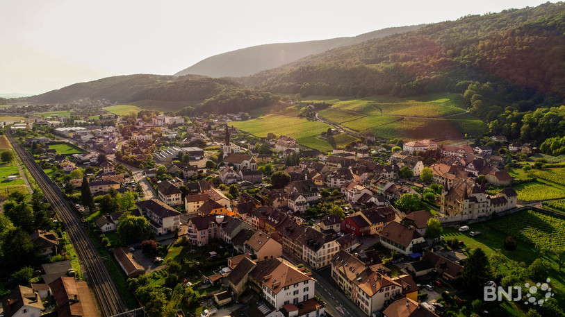 Vue aérienne de la commune de Cressier.