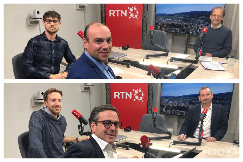 Les protagonistes du débat sur la commune de La Chaux-de-Fonds, de gauche à droite en commençant par le haut : Jan Haesler, Thierry Brechbühler (UDC), Théo Bregnard (POP), Léonard Reichen, Théo Huguenin-Elie (PS) et Jean-Daniel Jeanneret (PLR)