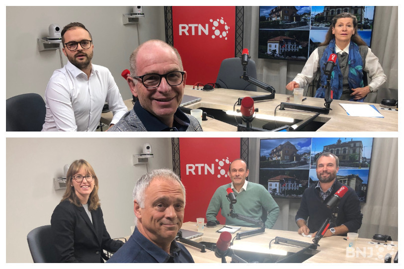 Les protagonistes du débat sur la commune de Neuchâtel, de gauche à droite en commençant par le haut : Adrien Juvet, Alain Rapin (PLR), Christine Gaillard (Verts), Sonia Bernauer-Miaz, Patrick Bourquin (PS), Mauro Moruzzi (PVL), Thomas Perret (POP).