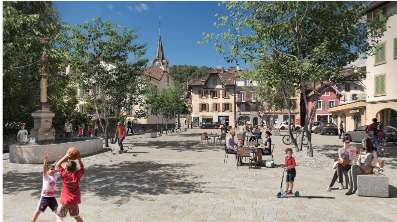 La place de la Fontaine telle qu’imaginée dans le projet. (Illustration: Urbaplan)