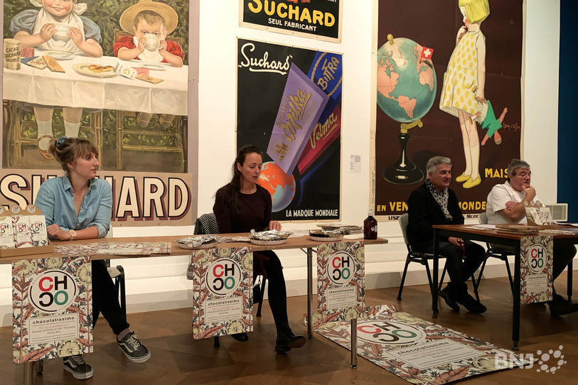 La conférence de presse s'est tenue au Musée d'art et d'histoire à Neuchâtel. De gauche à droite : Marie-Mo, Lena Brina, Thomas Facchinetti et Pierre Walder.
