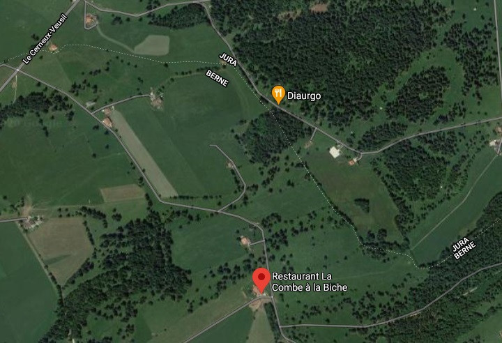 La route entre le restaurant de La Combe à la Biche et Le Cerneux-Veusil sera fermée pour une dizaine de jours. (Photo : Google Maps/ Images ©2020 CNES/ Airbus, Maxar Technologies, Données cartographiques ©2020)