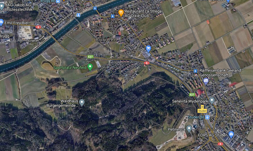 Les travaux auront lieu entre Brügg et Studen. (Google Maps: Images ©2020CNES/ Airbus, Kanton Solothurn, Maxar Technologies, Données cartographiques ©2020)