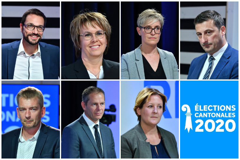 Les sept candidats engagés pour le second tour de l'élection au Gouvernement jurassien.