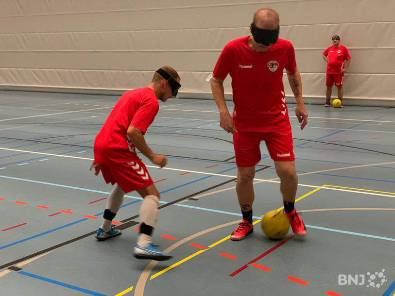 Le cécifoot se joue sur un terrain de 20x40 mètres et la cage a la taille d'un but de handball.