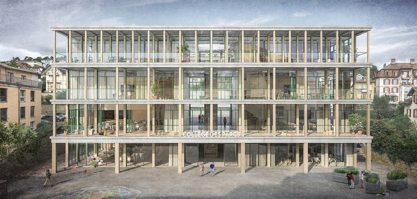 L'annexe du collège des Parcs à Neuchâtel, où se situent actuellement les salles de gym, va être reconstruite. C'est le projet de ©Stoa architectes à Neuchâtel qui a été retenu.( Photo: © Nightnurse Images)