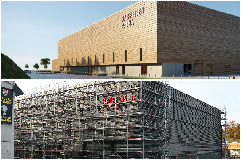 L'aspect extérieur de la patinoire a évolué entre les plans de synthèse et l'ouvrage définitif. (Photos : Dolci Architectes et Mauricette Schnider)