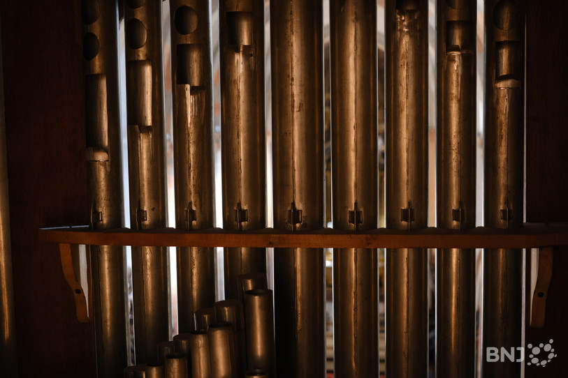 Vue depuis l'intérieur de l'instrument. On peut apercevoir la nef de la Collégiale entre les tuyaux.