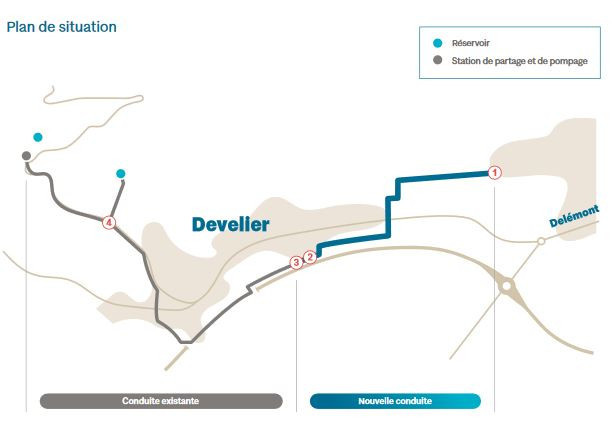La nouvelle conduite d'eau (en bleu) reliera Develier à Delémont, via les Viviers. (Image: Develier.ch)