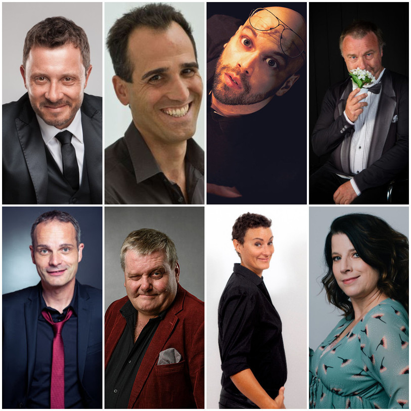 Les parrains et marraines de Novembre pour rire (de gauche à droite ) : Yann Lambiel, Noël Antonini, Blake Eduardo,  Jean-Luc Barbezat, Jérôme Mouttet, Thierry Meury, Sandrine Viglino et Nathalie Devantay.