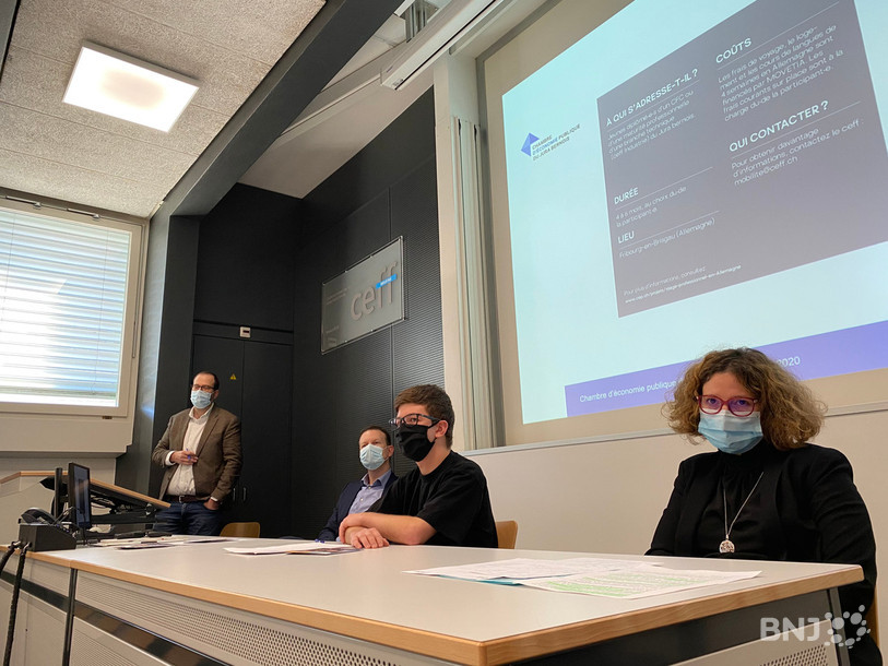 Le projet a été présenté lundi après-midi à St-Imier en présence du directeur de la CEP Patrick Linder, du directeur du ceff Cédric Bassin, du jeune diplômé Lucas Dalla Piazza et de la responsable du projet à la CEP Géraldine Berberat (de gauche à droite)