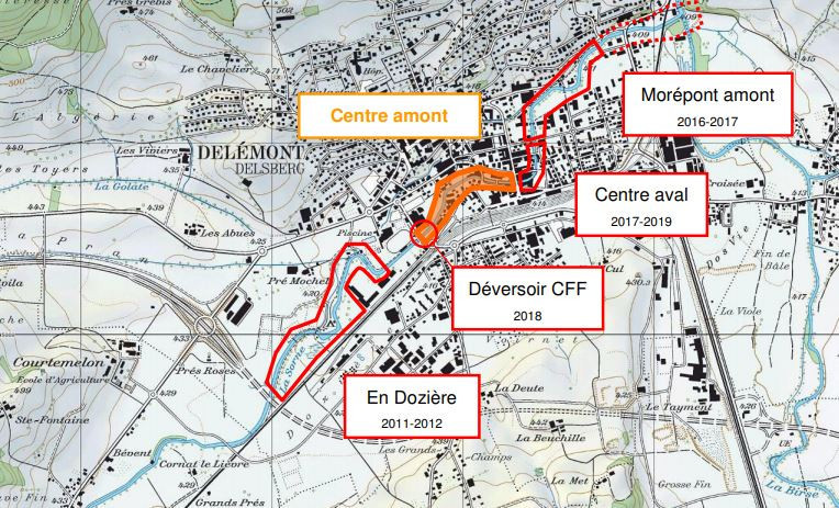 Vue d’ensemble du projet Sorne à Delémont et localisation du secteur « Centre amont ».