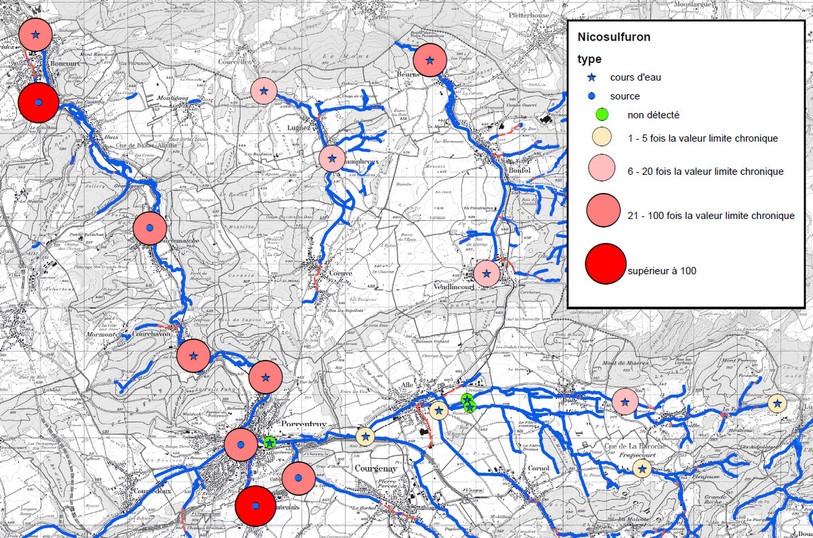 Résultats d'analyses du nicosulfuron dans les cours d'eau d'Ajoie en décembre 2018 (image : canton du Jura).