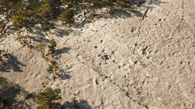 Rien qu'à elle, la dalle de Raimeux révèle environ 2000 empreintes de dinosaures sauropodes. (Photo : Fausto Fragnoli)