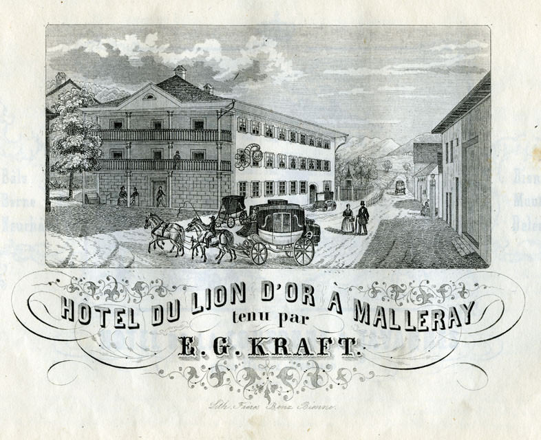 L’auberge, ici le Lion d’Or à Malleray, lieu ultime de sociabilité. Photo : Lithographie des Frères Benz, 1848. Collections Mémoires d’Ici.